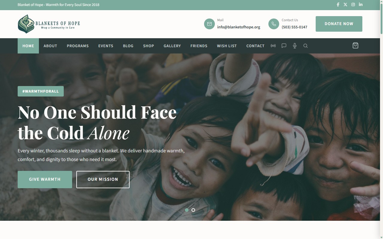 Blanket of Hope site screenshot