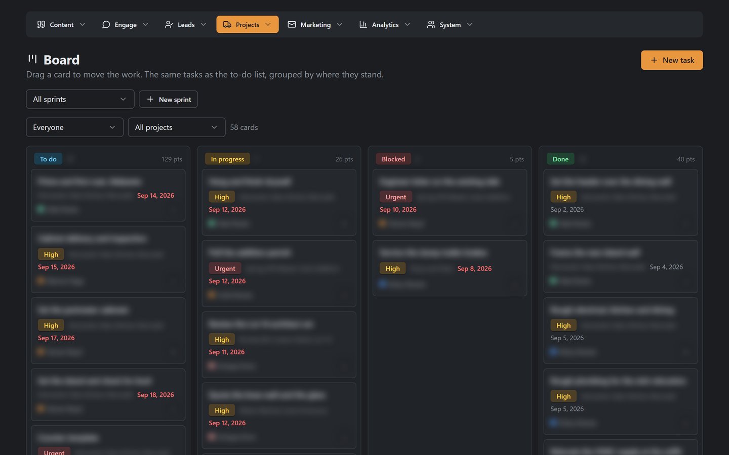 The Board in the admin, tasks as cards by status