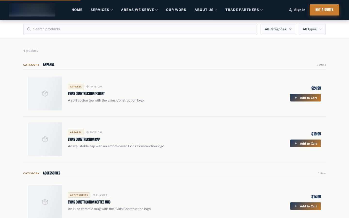 The online store running on a client site